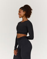 FLUID CROPPED LONG SLEEVE TOP - BLACK