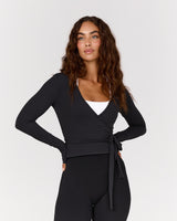FLUID WRAP LONG SLEEVE TOP - BLACK