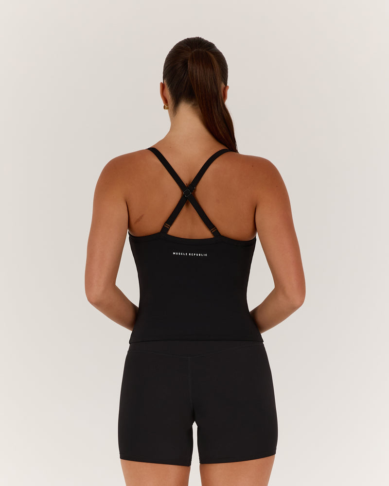 AIRE V NECK CROSS BACK TOP - BLACK