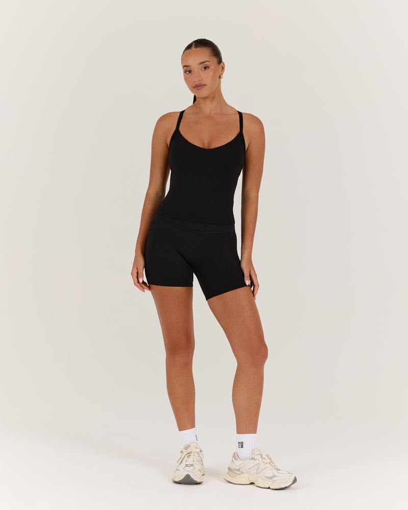 AIRE V NECK CROSS BACK TOP - BLACK