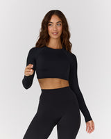 ATHLEISURE TWIST BACK LONG SLEEVE TOP - BLACK