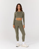 ATHLEISURE TWIST BACK LONG SLEEVE TOP - OLIVE SMOKE