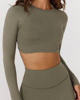ATHLEISURE TWIST BACK LONG SLEEVE TOP - OLIVE SMOKE