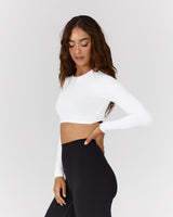 ATHLEISURE TWIST BACK LONG SLEEVE TOP - WHITE