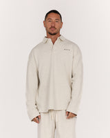 MENS TERRY BOXY LONG SLEEVE POLO TOP - OAT MARLE ELEVATION