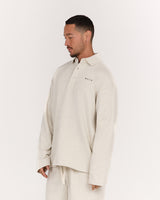 MENS TERRY BOXY LONG SLEEVE POLO TOP - OAT MARLE ELEVATION