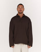 MENS TERRY BOXY LONG SLEEVE POLO TOP - VOLCANO ELEVATION