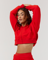 TERRY ZIP UP CROPPED HOODIE - FIERY RED