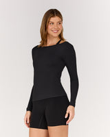 FLUID BOAT NECK LONG SLEEVE TOP - BLACK