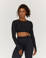 FLUID CROPPED LONG SLEEVE TOP - BLACK