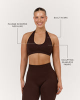 SEAMLESS PLUNGE HALTER BRA - CHESTNUT