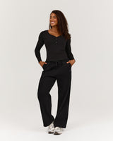 HENLEY RIBBED LONG SLEEVE TOP - BLACK
