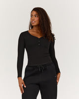 HENLEY RIBBED LONG SLEEVE TOP - BLACK