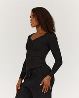 HENLEY RIBBED LONG SLEEVE TOP - BLACK