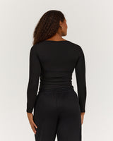 HENLEY RIBBED LONG SLEEVE TOP - BLACK