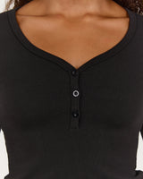 HENLEY RIBBED LONG SLEEVE TOP - BLACK