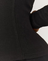HENLEY RIBBED LONG SLEEVE TOP - BLACK