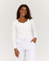 HENLEY RIBBED LONG SLEEVE TOP - IVORY