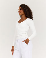 HENLEY RIBBED LONG SLEEVE TOP - IVORY