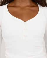 HENLEY RIBBED LONG SLEEVE TOP - IVORY