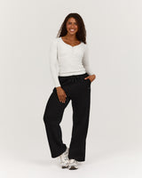HENLEY RIBBED LONG SLEEVE TOP - SNOW GREY