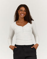 HENLEY RIBBED LONG SLEEVE TOP - SNOW GREY
