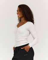 HENLEY RIBBED LONG SLEEVE TOP - SNOW GREY