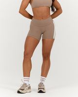 LUXE MID RISE BIKER SHORTS - LILLY TAUPE WHITE