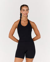 MOTION 360 V NECK HALTER TOP - BLACK