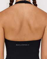 MOTION 360 V NECK HALTER TOP - BLACK