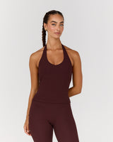MOTION 360 V NECK HALTER TOP - RAISIN