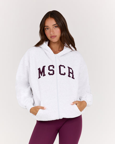 OVERSIZED ZIP UP HOODIE - SNOW GREY BEET MSCR COLLEGIATE – MUSCLE