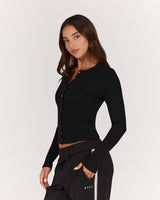 POINTELLE BUTTON FRONT TOP - BLACK