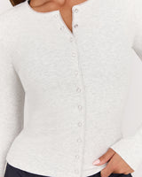 POINTELLE BUTTON FRONT TOP - GREY MARLE
