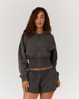 REPUBLIC CROPPED ZIP UP HOODIE - FADED CHAR