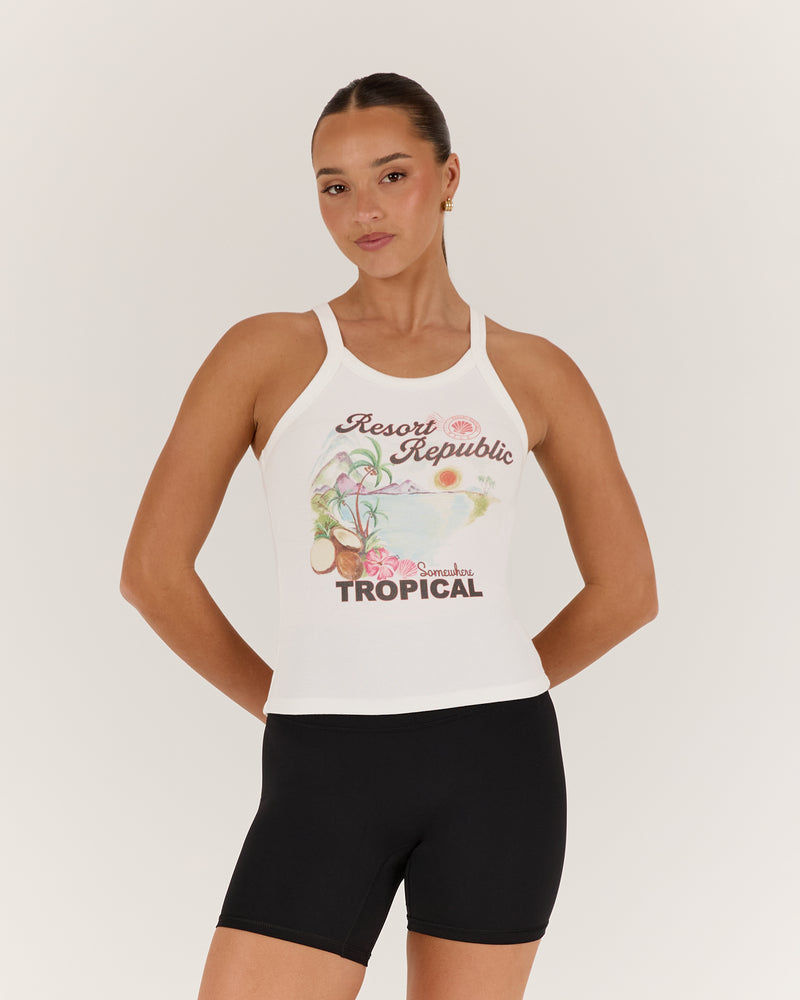 AGILITY RIBBED TANK TOP - IVORY SOMEWHERE TROPICAL