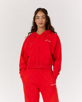 TERRY ZIP UP CROPPED HOODIE - FIERY RED