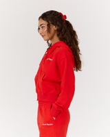 TERRY ZIP UP CROPPED HOODIE - FIERY RED