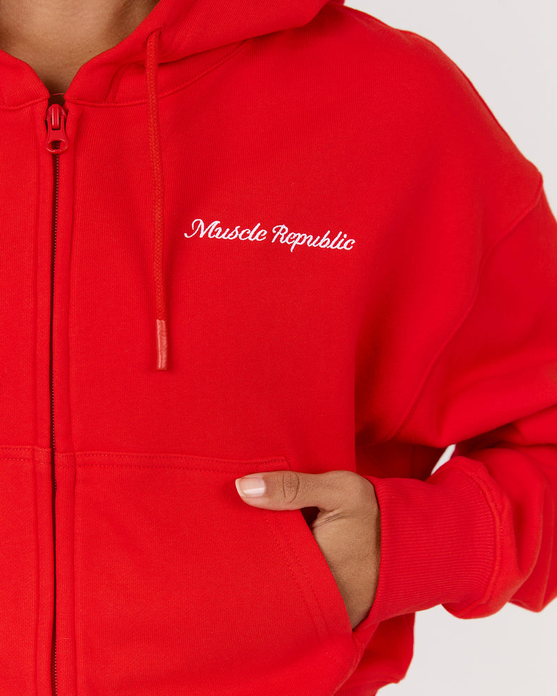 TERRY ZIP UP CROPPED HOODIE - FIERY RED – MUSCLE REPUBLIC