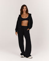TERRY ZIP UP CROPPED HOODIE - BLACK