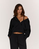 TERRY ZIP UP CROPPED HOODIE - BLACK