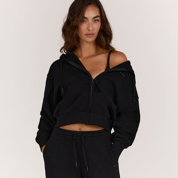 TERRY ZIP UP CROPPED HOODIE - BLACK – MUSCLE REPUBLIC