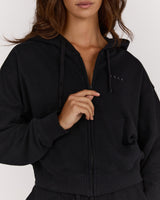 TERRY ZIP UP CROPPED HOODIE - BLACK
