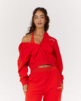 TERRY ZIP UP CROPPED HOODIE - FIERY RED