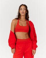 TERRY ZIP UP CROPPED HOODIE - FIERY RED