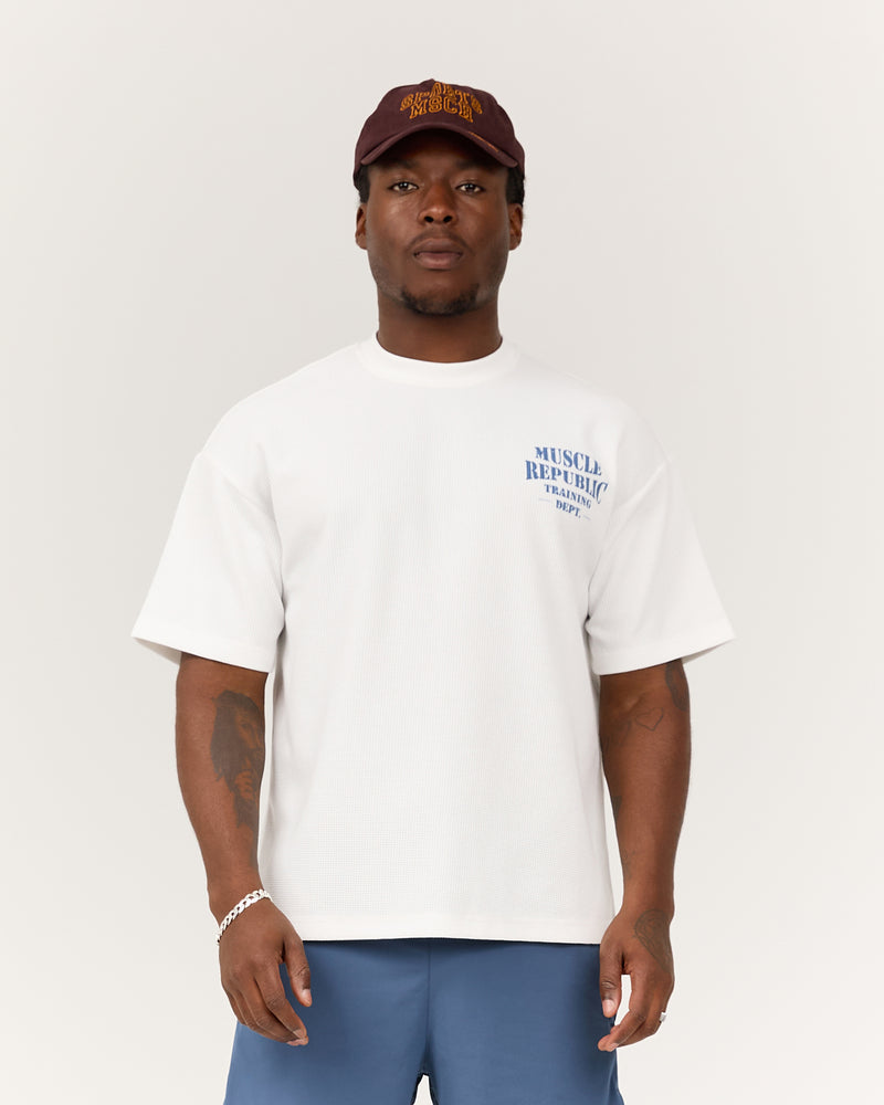 MENS WAFFLE BOXY TEE - WHITE TRACKHOUSE – MUSCLE REPUBLIC